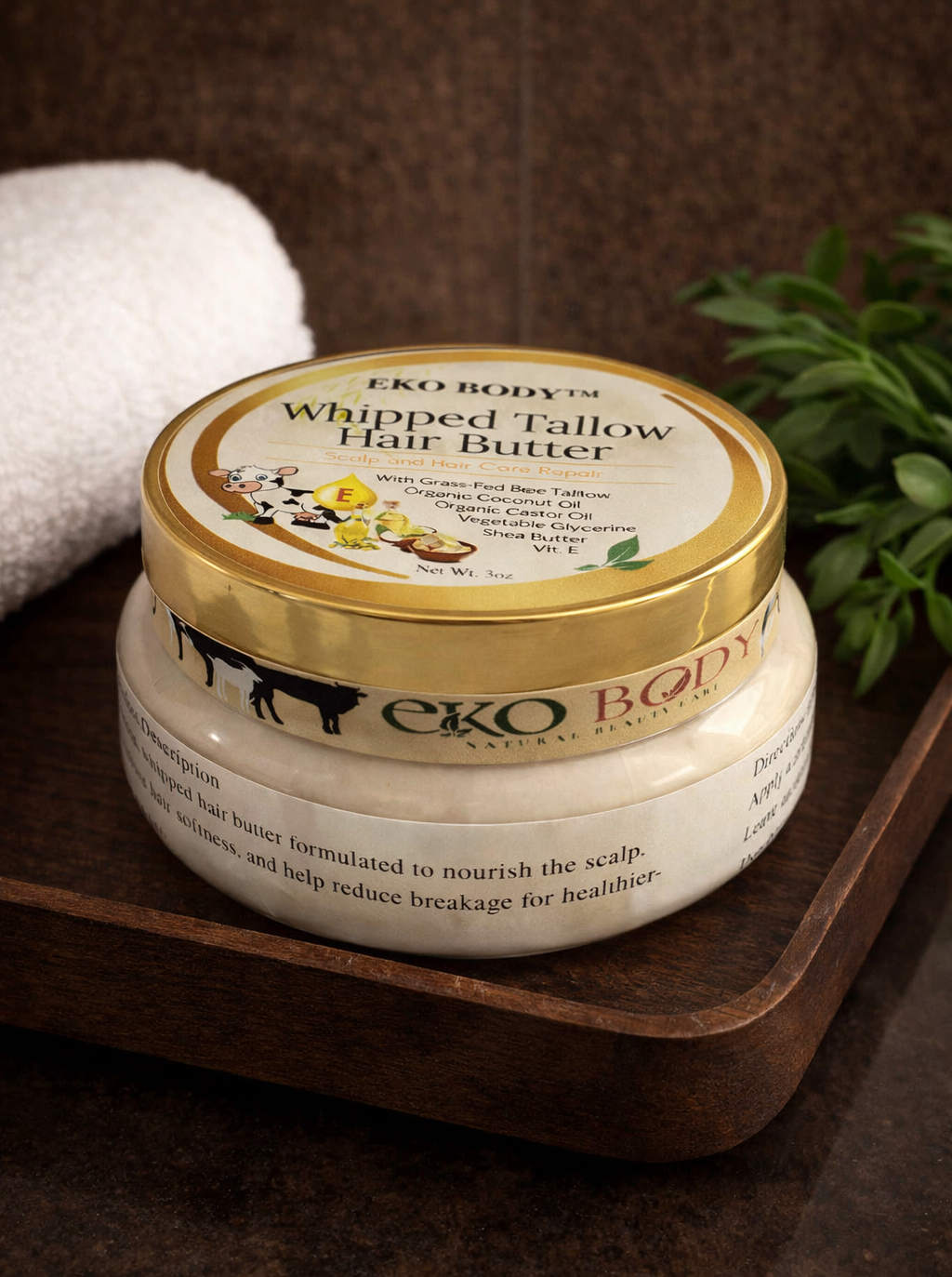 EKO BODY Whipped Tallow Hair Butter is a rich yet lightweight hair moisturizer formulated to soften, smooth, and protect dry or damaged hair. 