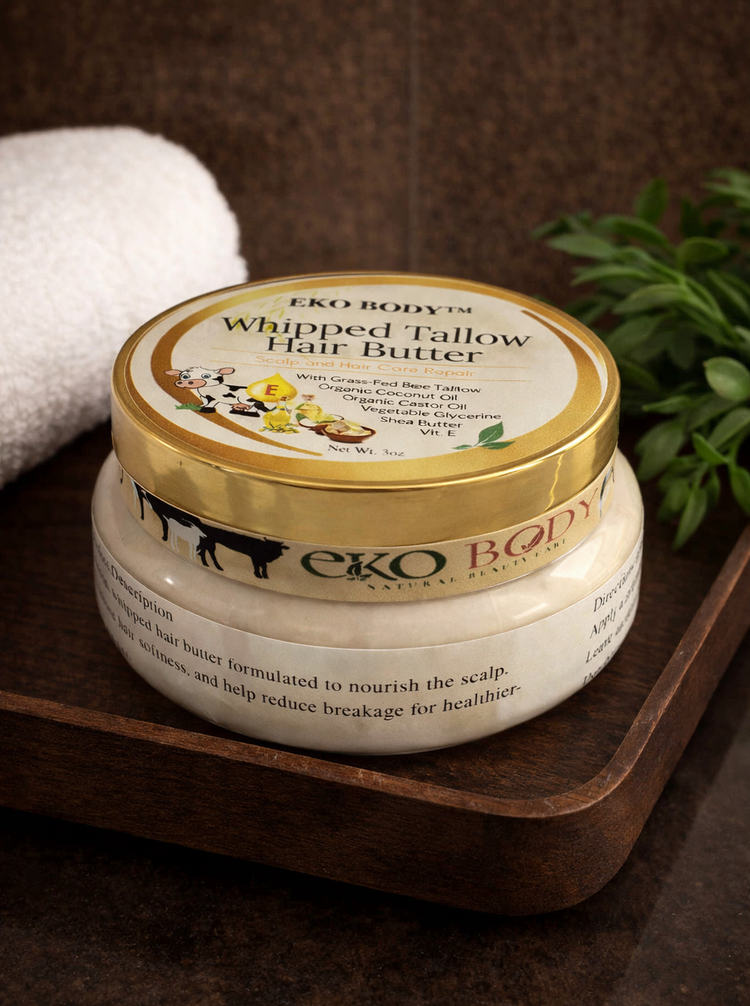 EKO BODY Whipped Tallow Hair Butter is a rich yet lightweight hair moisturizer formulated to soften, smooth, and protect dry or damaged hair. 