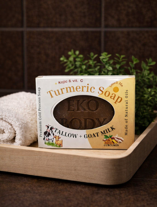 Grass-fed tallow goat milk turmeric soap bar for brightening dry sensitive skin. 