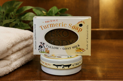 Eko Body soap and cream on a wooden surface with a plant in the background