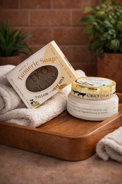 Eko Body products including a jar and soap on a wooden tray with a towel and plants in the background.