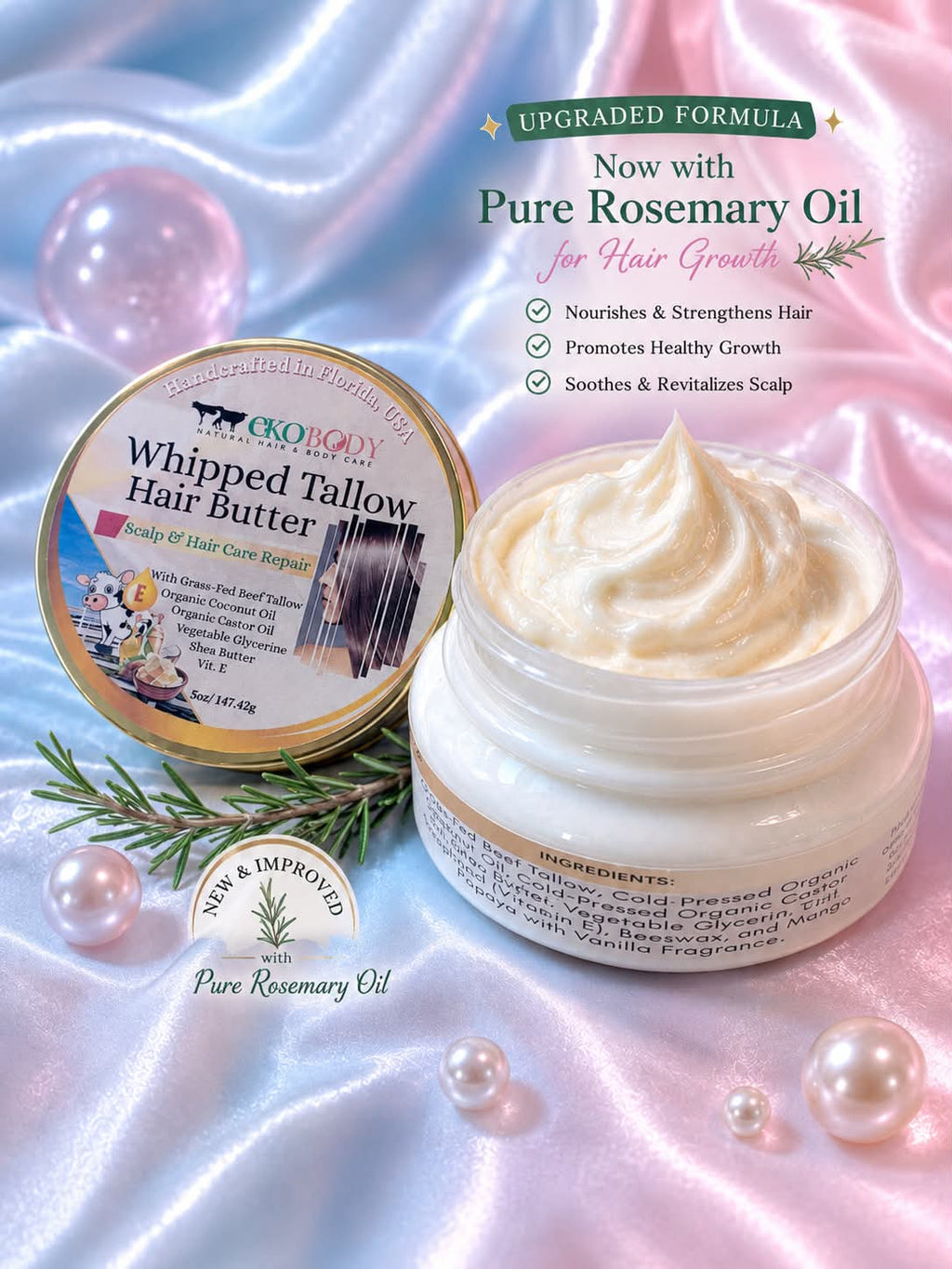 Whipped Tallow Hair Butter | Hair Mask + Leave-In Conditioner in One | Pre & Post Shower Hair Care