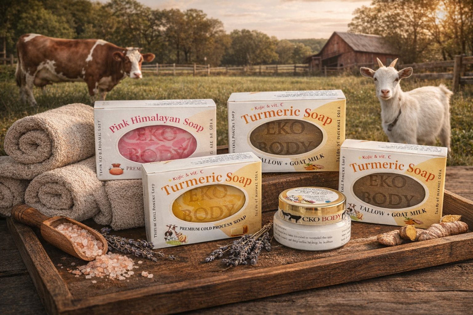 Natural handmade tallow goat milk soaps in spa setting with farm background.